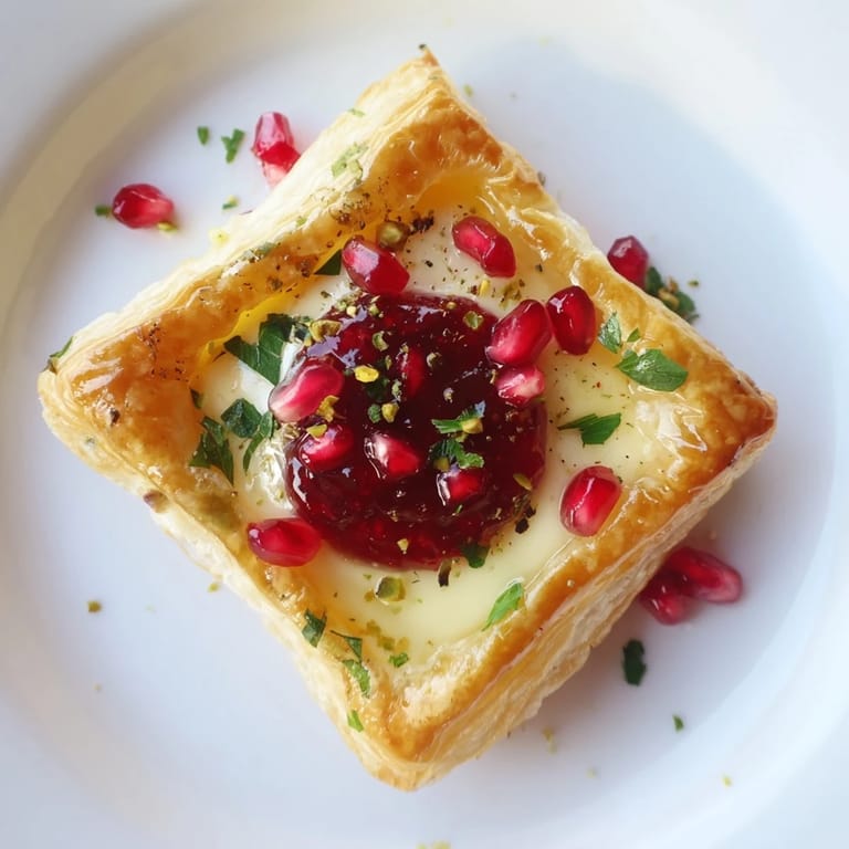 Warm and flaky Fireworks Brie Tartlets, a delicious appetizer topped with ruby-red pomegranate seeds and fresh herbs.