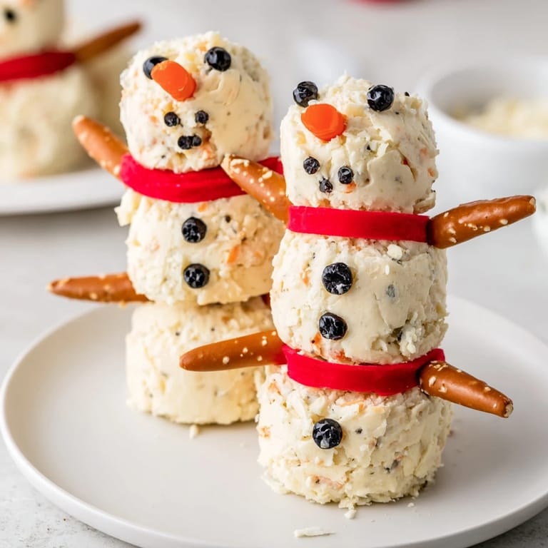 Delightful Snowman Cheese Ball Trio, ready to serve with crackers and veggie dippers, fun for holidays.