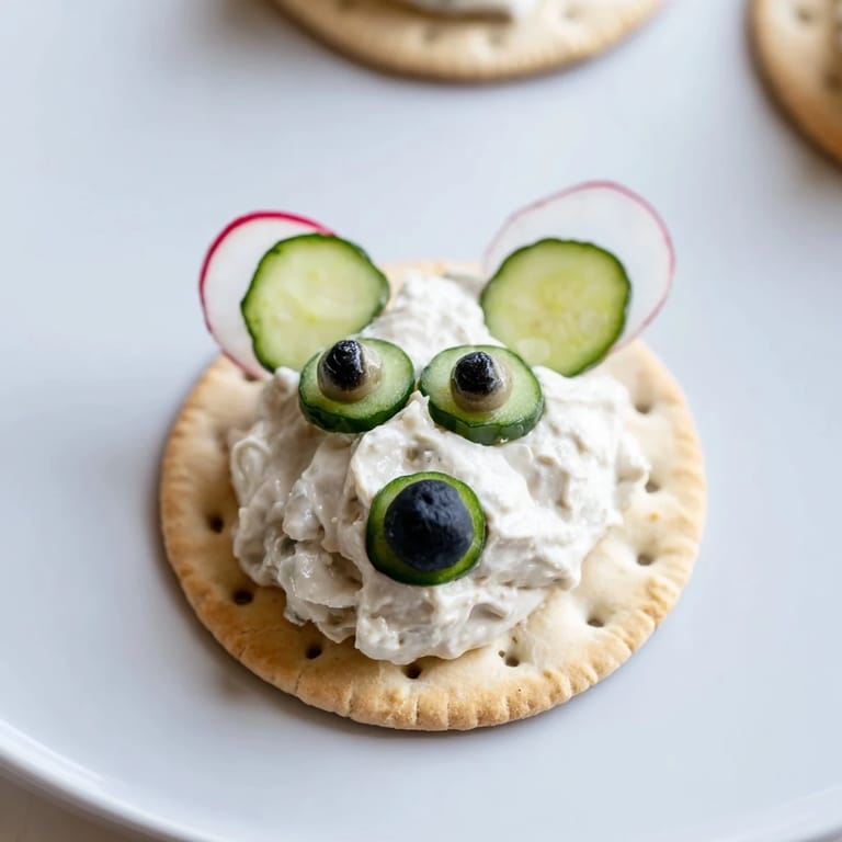 Savory Polar Bear Iceberg Cracker Stacks featuring caper eyes and radish ears, ready to eat snacks.
