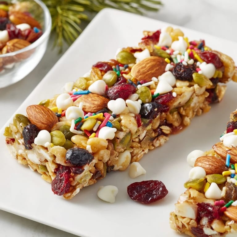 Showcasing a glistening Winter Wonderland Trail Mix Bar, packed with festive fruits and nuts in a perfect bar form.