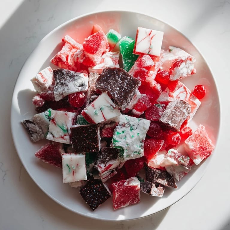 A beautifully arranged Jingle Bell Rock Candy display with colorful, shimmering sugar crystals and chocolates.