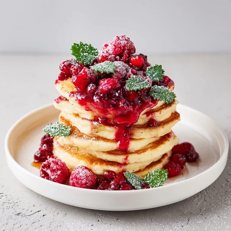 A beautiful brunch board: pancake stack, a delightful breakfast featuring a homemade berry holly design.
