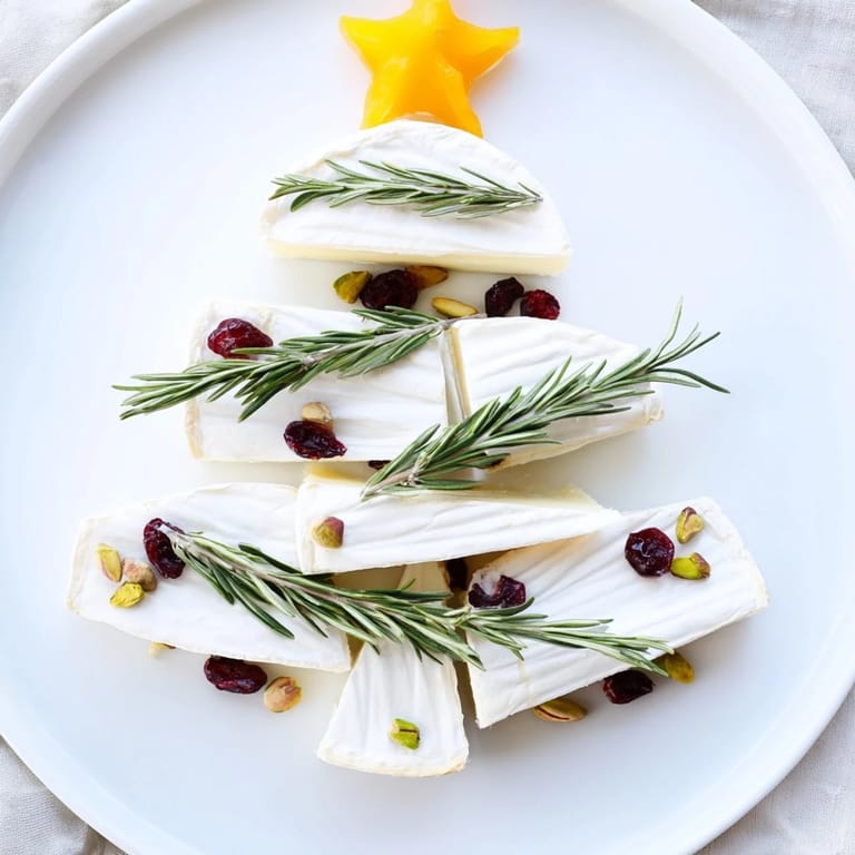 Creamy Brie wedges form a holiday-ready Triangle Brie Cheese Tree, garnished with pistachios and colorful cranberries.