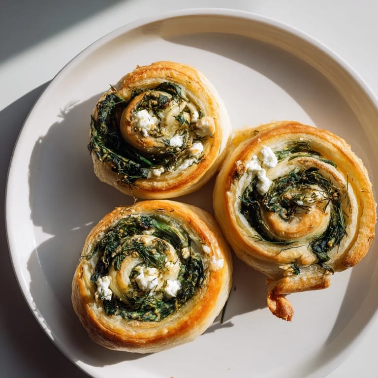 Close-up of baked spinach feta pinwheel spirals, revealing a flaky pastry crust and cheesy filling.