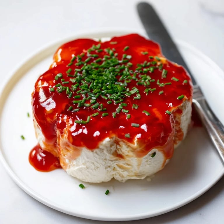 Tangy cream cheese star appetizer with sweet pepper jelly, ready to be served with crackers and fresh herbs.