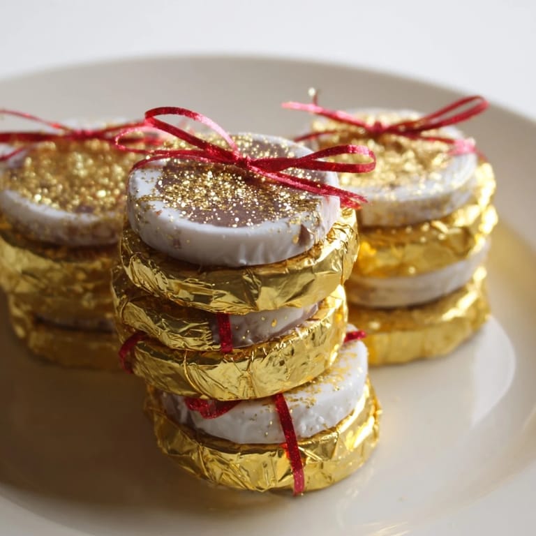 Holiday chocolate gold coin stacks, ready to eat, tied with colorful ribbons.