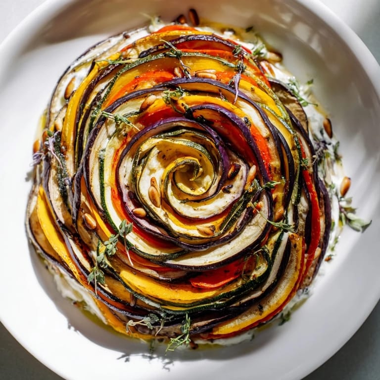 Exquisite The Snail Shell Spiral shows a vegetarian appetizer spiral with layered roasted vegetables, ready to serve and enjoy.