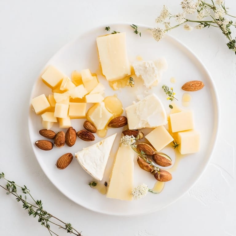 Geometric arrangement of creamy cheeses & crunchy nuts in a Honeycomb Hexagon Maze appetizer, ready to serve.