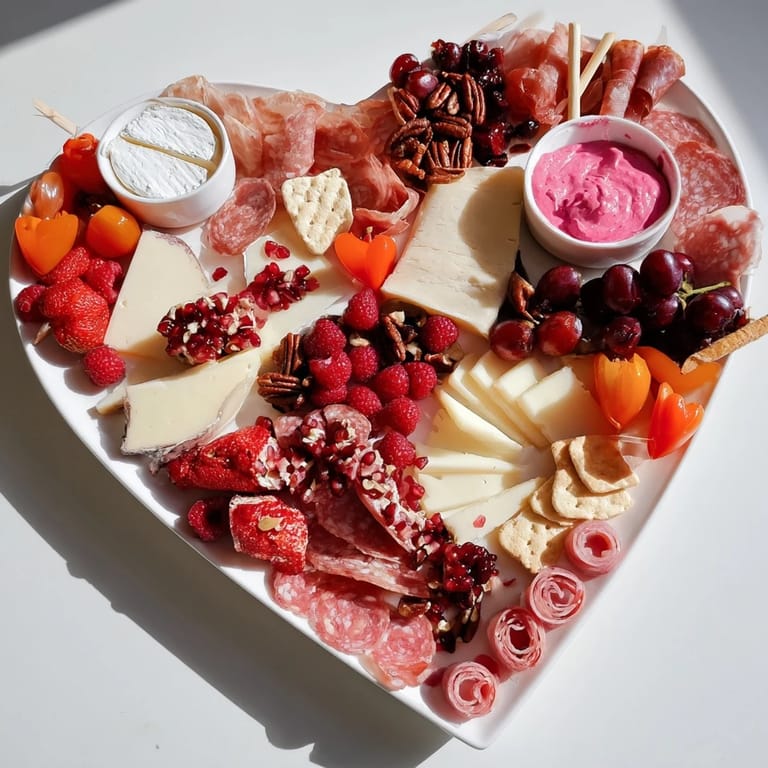 This romantic Heart of Romance Board offers a delicious array of charcuterie, perfect for sharing and celebration.