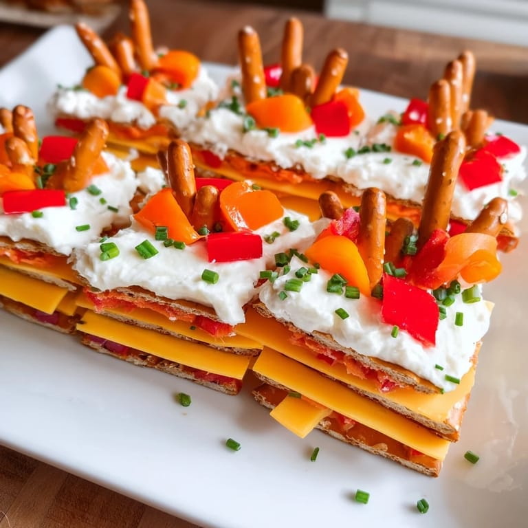 Stacked cheese and pretzel logs create an inviting Rustic Log Cabin, a fun party appetizer on a platter.