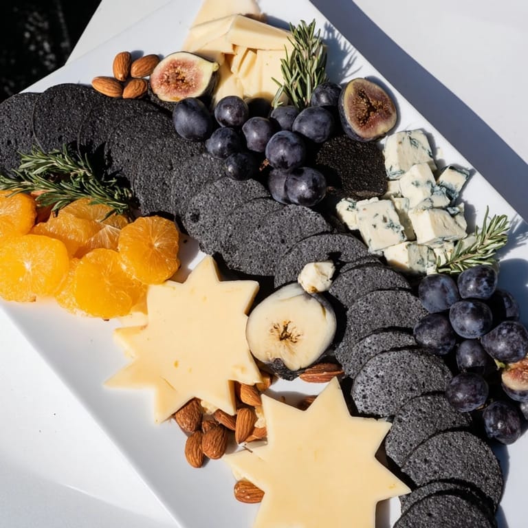 This Crescent Moon & Stars Cheese Board boasts gouda stars among a creamy, colorful cheese selection ready to enjoy.