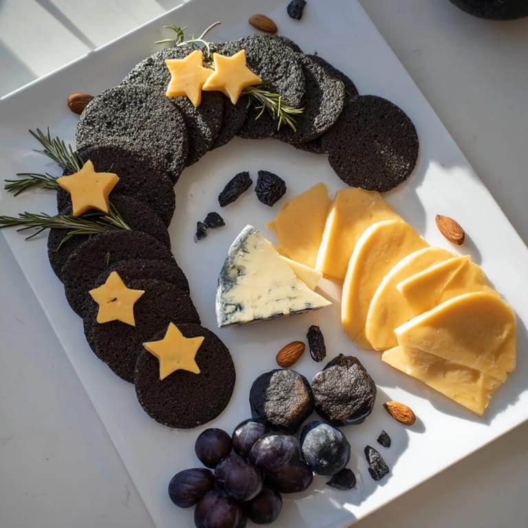 Imagine the Crescent Moon & Stars Cheese Board: Dark crackers form a crescent, surrounding cheese stars and fresh garnishes.