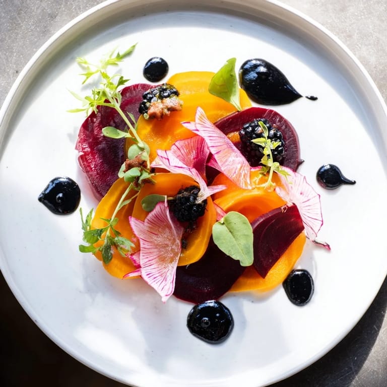 Elegant The Shadow Play appetizer features contrasting colors: red beets, arugula, and a drizzle of vibrant dressing and tahini.
