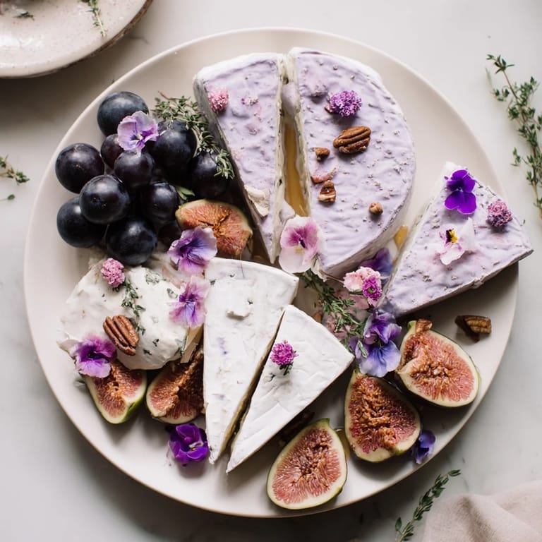 Close-up of The Lavender Haze cheese board: a visual medley of cheese, fruit, and nuts, perfect appetizer.