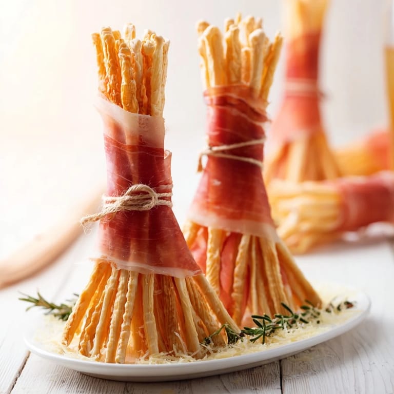 A visually appealing Golden Gate appetizer with savory prosciutto linking crispy breadsticks, ideal for a party.