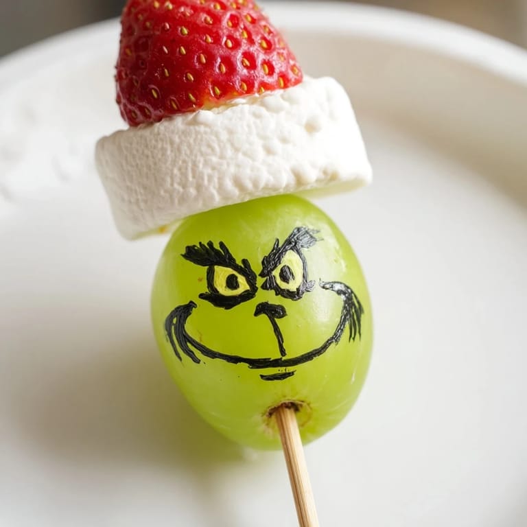 Festive Grinch Snack: a close-up of Grinch faces featuring green grapes, marshmallows, and chocolate chips.