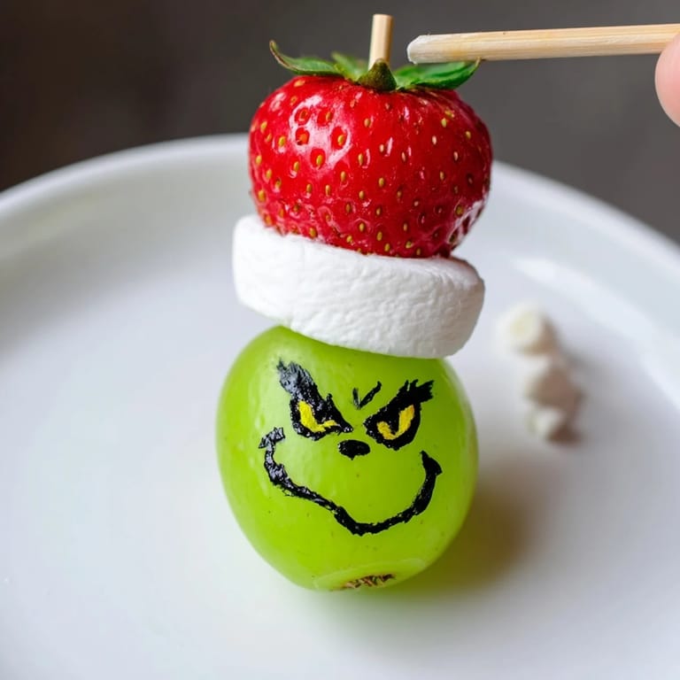 Easy Grinch Snack: Sweet green grapes topped with marshmallow hats, perfect for a kids' holiday party!