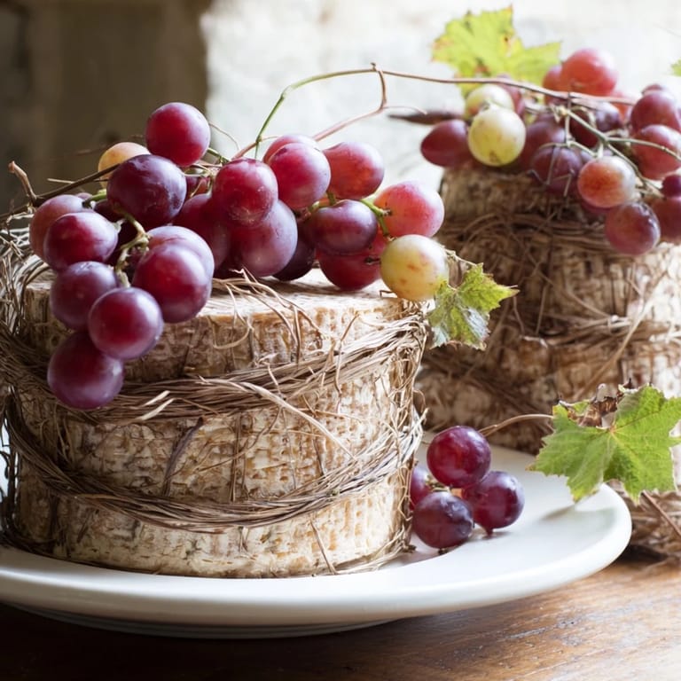 A vibrant display of The Rustic Vineyard, showcasing cheese wheels and fresh grapes, ready to serve and enjoy.