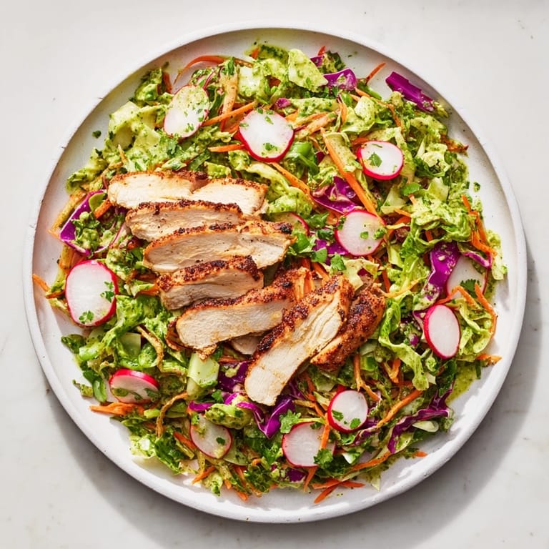 Vibrant Green Goddess Cabbage Slaw boasts colorful veggies and delicious grilled chicken on top.