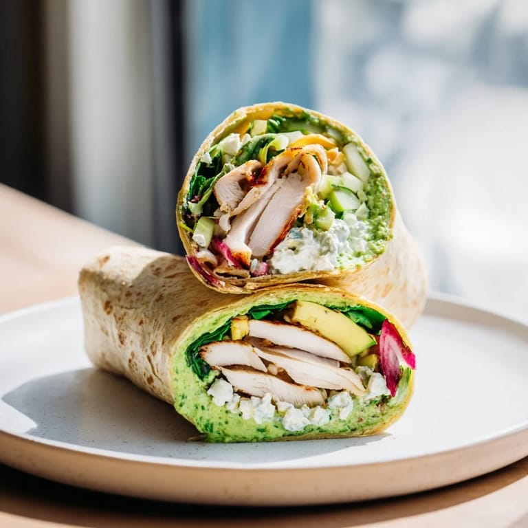 Freshly made Green Goddess Wellness Wrap, ideal for a quick and healthy meal on a warm day.