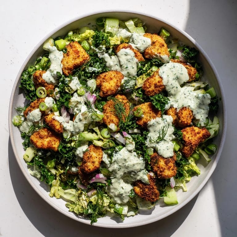 Freshly tossed Green Goddess Nugget Salad, featuring crunchy nuggets and a creamy, flavorful dressing.
