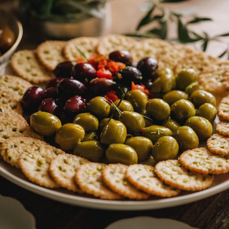 Crispy crackers form the base of this Roman Colosseum snack platter, topped with olives as "gladiators!"