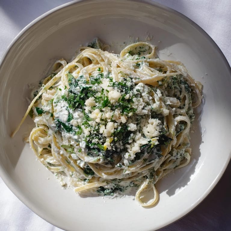 Vivid green Green Goddess Pasta Sauce, a vegetarian pasta dish with aromatic herbs and fresh flavors.