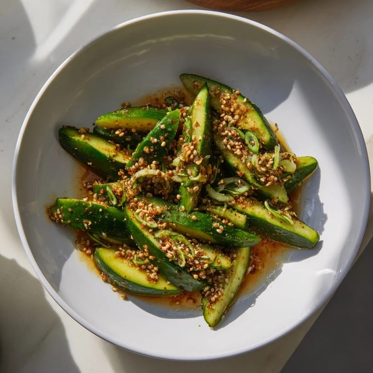 A refreshing Cucumber Shaker dish, showcasing juicy smashed cucumbers, seasoned with a tangy rice vinegar dressing.