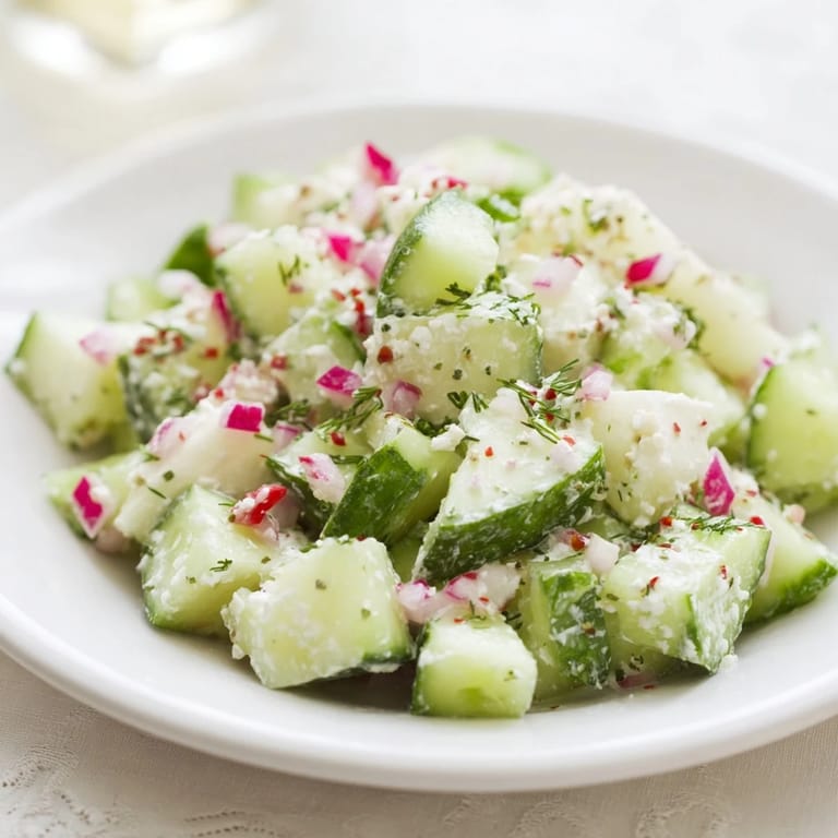 Showcasing the cool, refreshing texture of the cucumber and Greek yogurt tzatziki salad before serving.