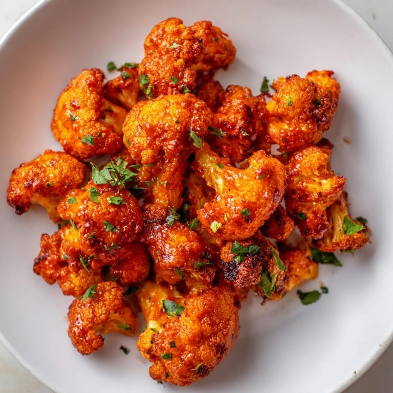 Close-up of vibrant Sriracha-Buffalo Cauliflower Bites, coated in sauce and sprinkled with fresh herbs.
