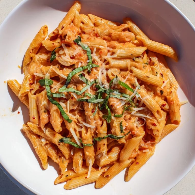 The rich creamy sauce coats the penne pasta in this vibrant Basil Garlic One-Pot dish.