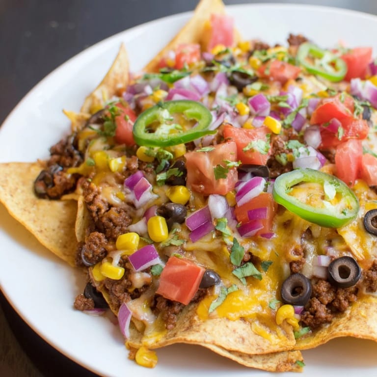 A large, metal tray overflowing with cheesy easy sheet-pan nachos, a delicious Tex-Mex appetizer ready to serve.