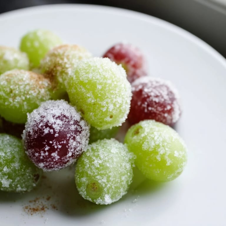 Close-up shot shows sweet, glistening frozen grapes, the ultimate healthy snack option and easy recipe.