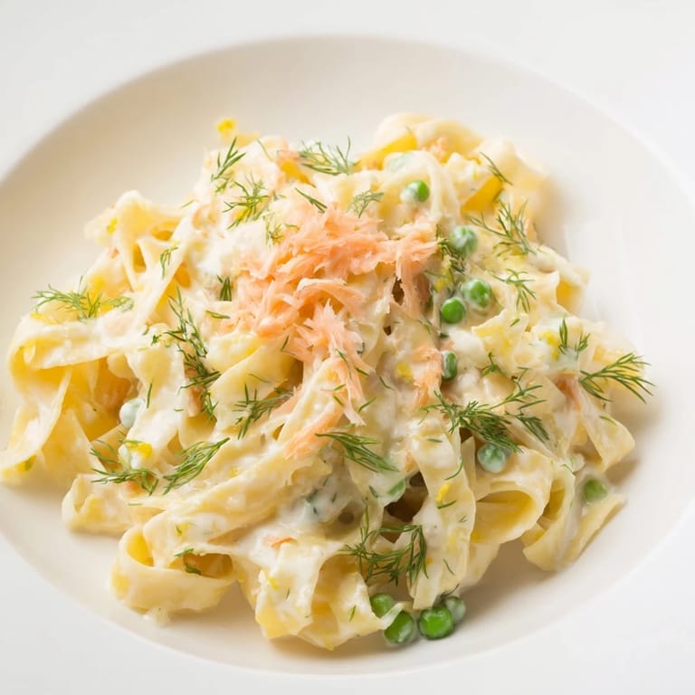 Golden swirls of creamy dill pasta, a comforting main course, ready to eat.