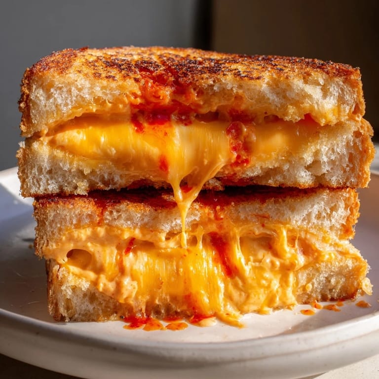 Savory Spiked Grilled Cheese with sriracha mayo, showcasing melted cheddar and perfectly toasted bread.