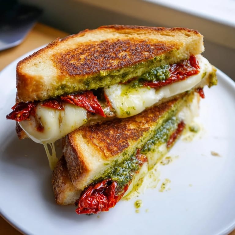 A close-up of a crispy pesto grilled cheese, its melted cheese pulling invitingly.
