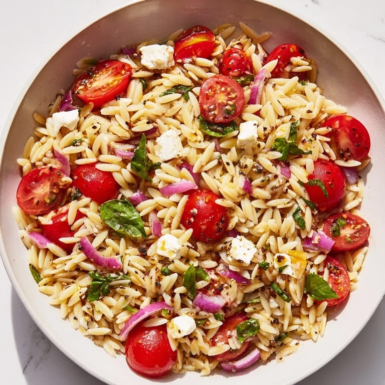 Vibrant close-up of Tomato Feta Orzo, a refreshing and delicious vegetarian side dish.
