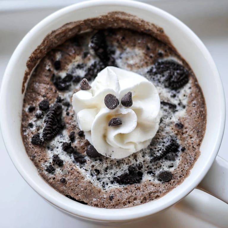 Imagine a fluffy Oreo mug cake, served warm with optional whipped cream topping.