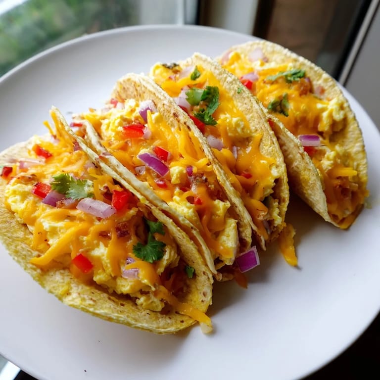 A close-up view of a baked sheet pan filled with delicious breakfast tacos, a colorful morning meal.