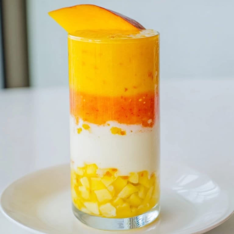 Refreshing Tropical Sunset Smoothie: A layered beauty showing mango, passion fruit, and orange hues.