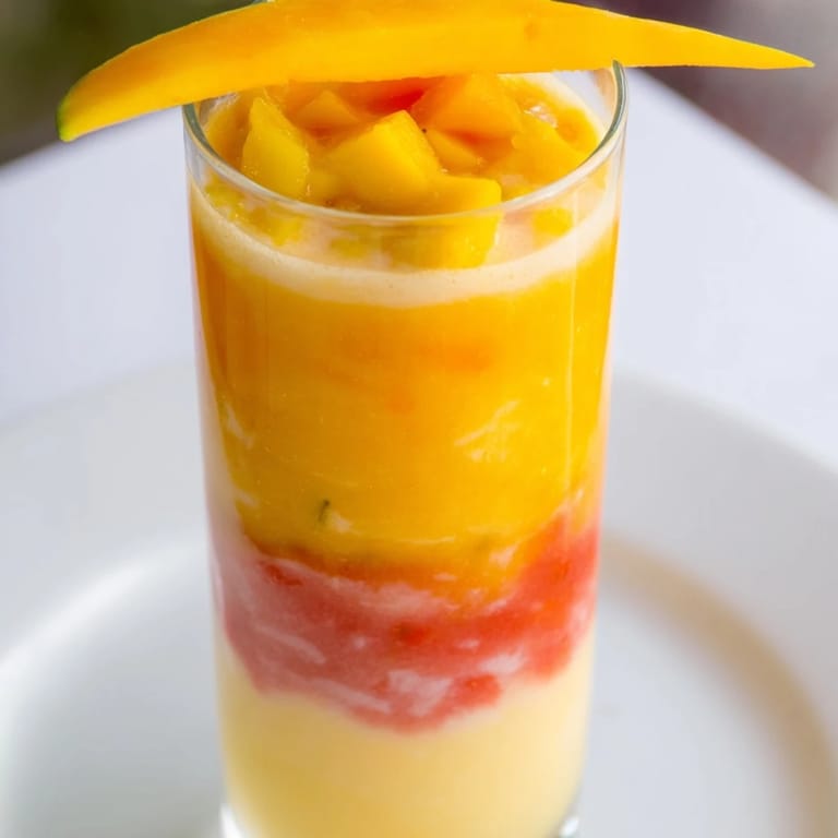 Enjoy a creamy, layered Tropical Sunset Smoothie, perfect for a summer morning refreshment.