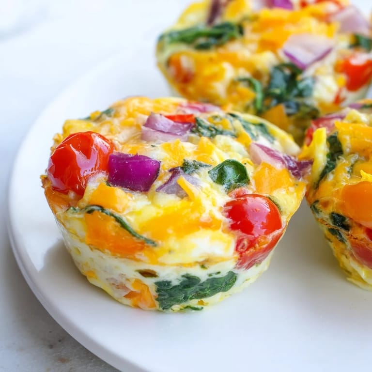 Enjoy a plate of flavorful customizable egg muffins, packed with cheese and savory bacon bits.