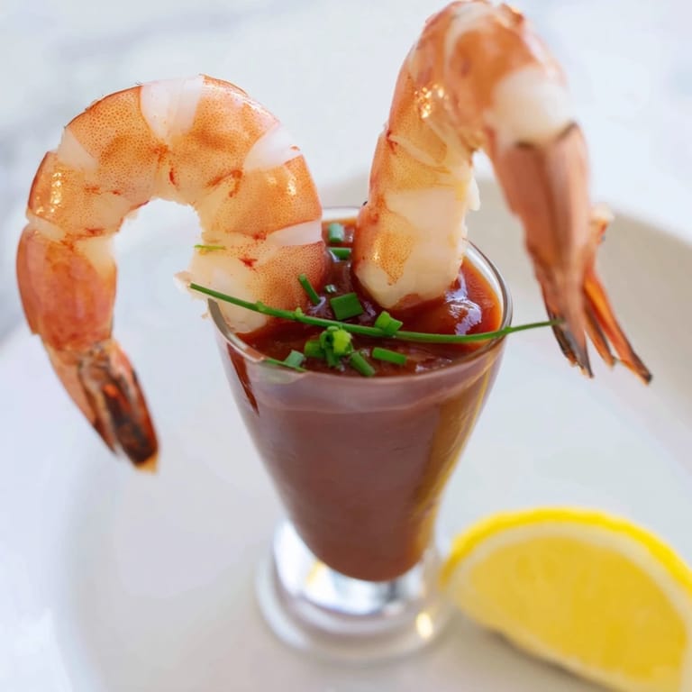 Refreshing Retro Prawn Cocktail Shooters, showing perfectly arranged shrimp with zesty sauce and lemon wedges.