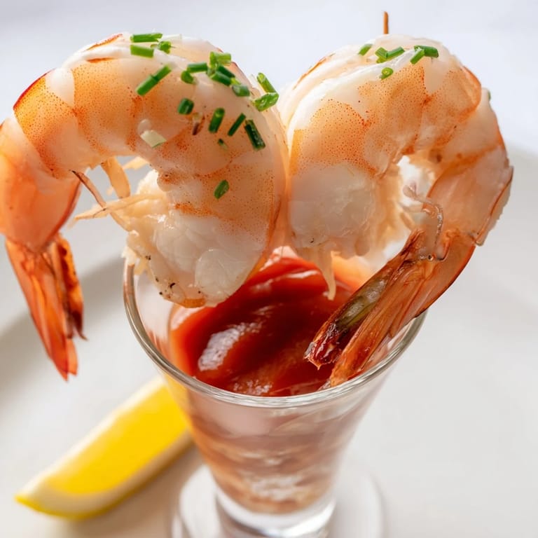 Delicious Retro Prawn Cocktail Shooters featuring chilled prawns and a classic cocktail sauce, ready to enjoy.