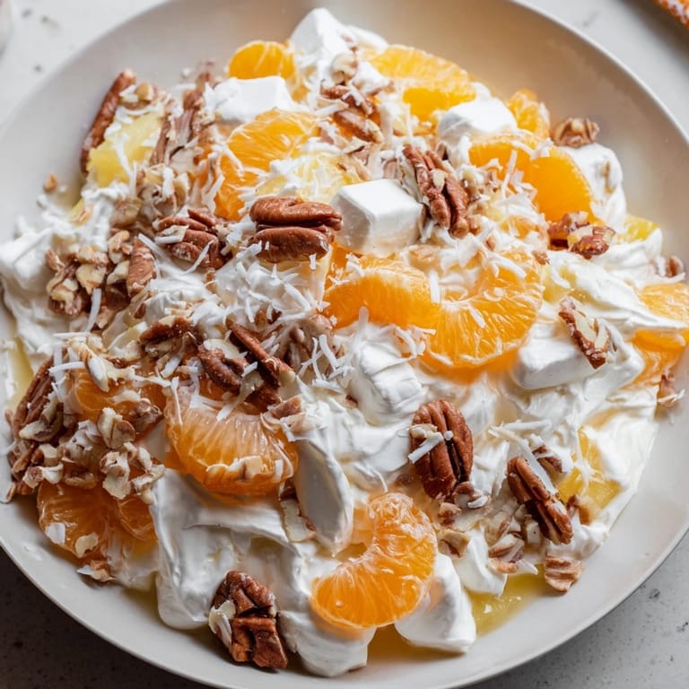 Close-up of fluffy Elevated Ambrosia Salad, a refreshing summer dessert with marshmallows and coconut topping.