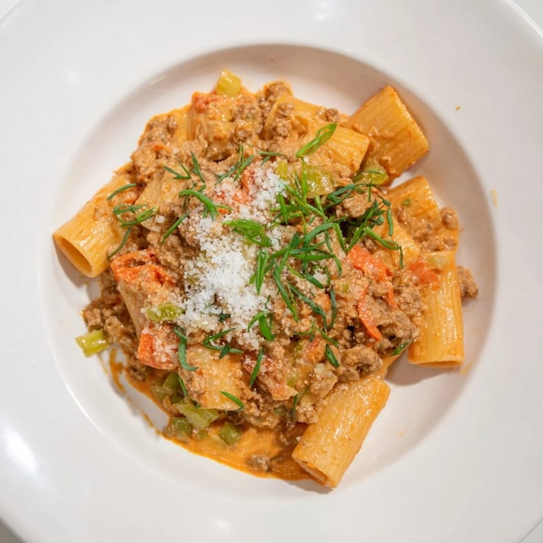 A close-up shot of creamy Chaos Cooking Kimchi Ragu Pasta, with rigatoni and scallion garnish.