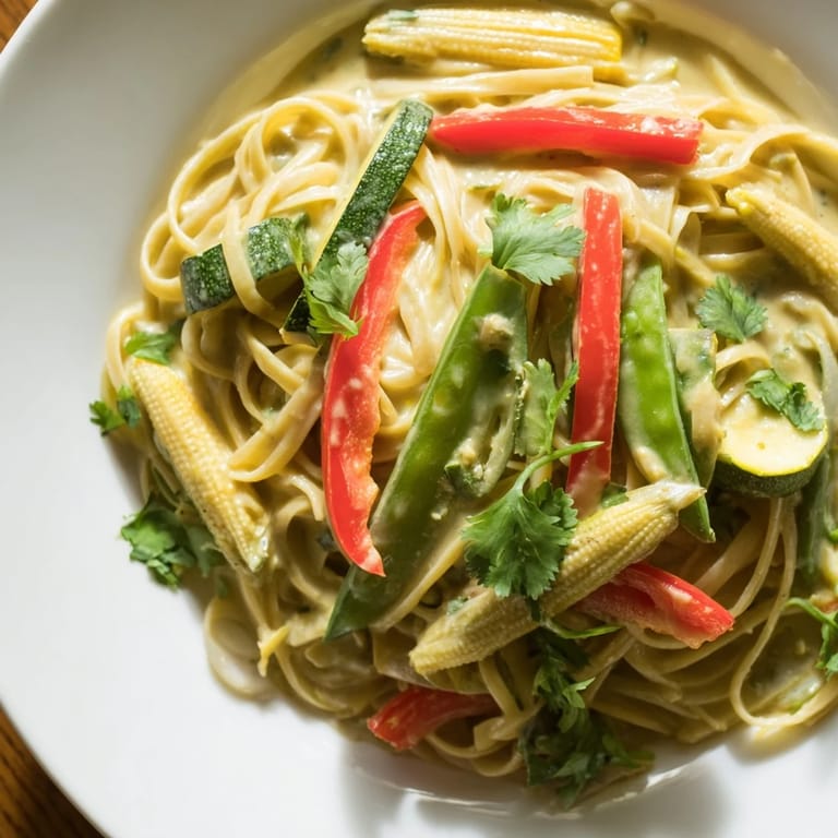 Delicious, colorful Thai Curry Pasta with vibrant vegetables swimming in a fragrant, coconut-infused sauce.