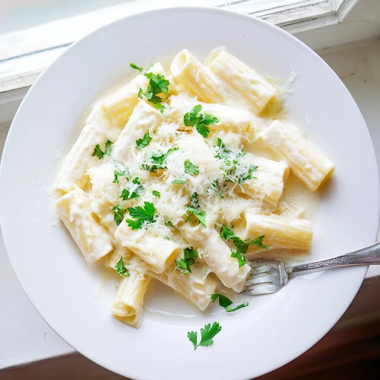 Serving suggestion for Creamy Milk Pasta One-Pot: plated with extra Parmesan and chopped parsley alongside a crisp green salad.