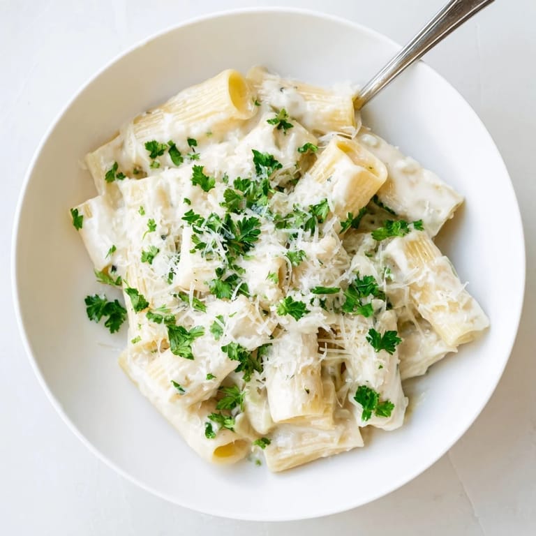 Close-up of Creamy Milk Pasta One-Pot in a saucepan, highlighting tender penne coated in rich, glossy sauce with steam rising.