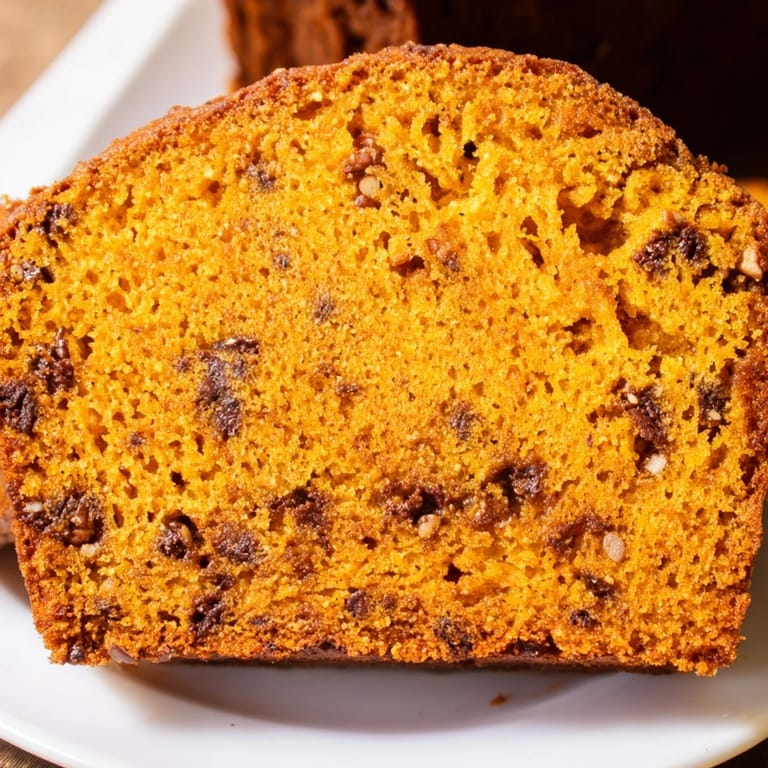 Slices of moist pumpkin bread loaf on a plate, topped with a pat of butter, perfect for cozy fall breakfasts.